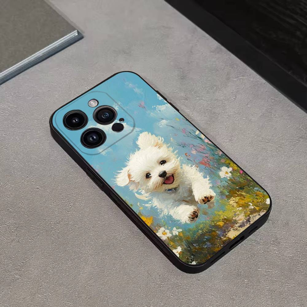 Милый Мультяшный Щенок Бишон Чехол для Телефона Для iPhone 16,15,14,13,12,11 Plus,Pro Max,XS,X,XR,SE,Mini,8,7,Мягкий Силиконовый Черный Чехол