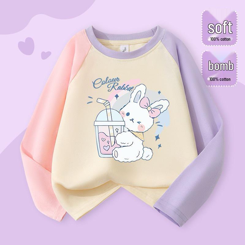 2025 Милая мультяшная футболка с длинным рукавом реглан в цветной блок для девочек