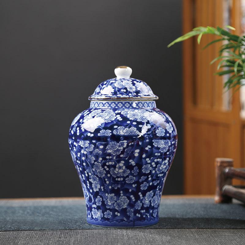 Gold-plated Ceramic Storage Jar Blue and White Porcelain Tea Jar Vintage Porcelain Storage Container Sealed Pot Art Decoration