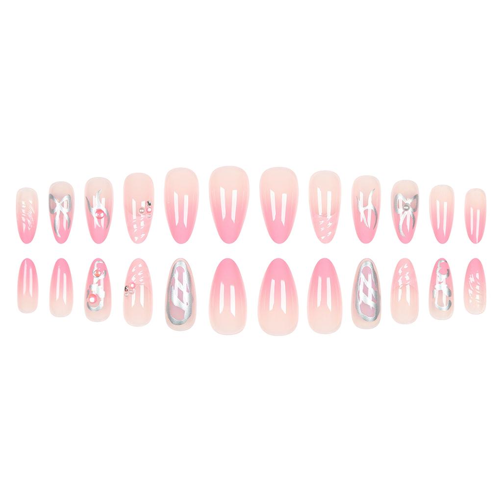 Pink Gradient Fake Nails with 3D Pattern Prevailing Natural Look Press-On Nail Sets for Hot Girl Dress Matching