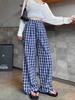 Women's Retro Plaid Double-Breasted Straight-Leg Wide-Leg Pants - Zhao Lusi Style, Spring & Autumn Collection in Blue.