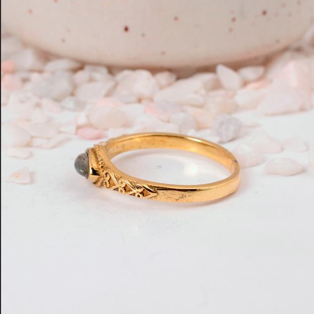 Delicate Gold Marquise Labradorite Ring: Vintage-style Ring with Ornate Filigree Band and Small Navette Gemstone.