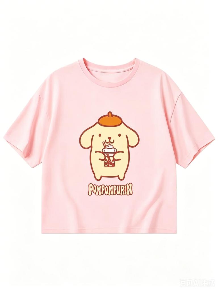 Super Cute Purin Pattern Short T-shirt Cotton Pom Pom Design Comfortable for Adults And Children Summer Sportswear