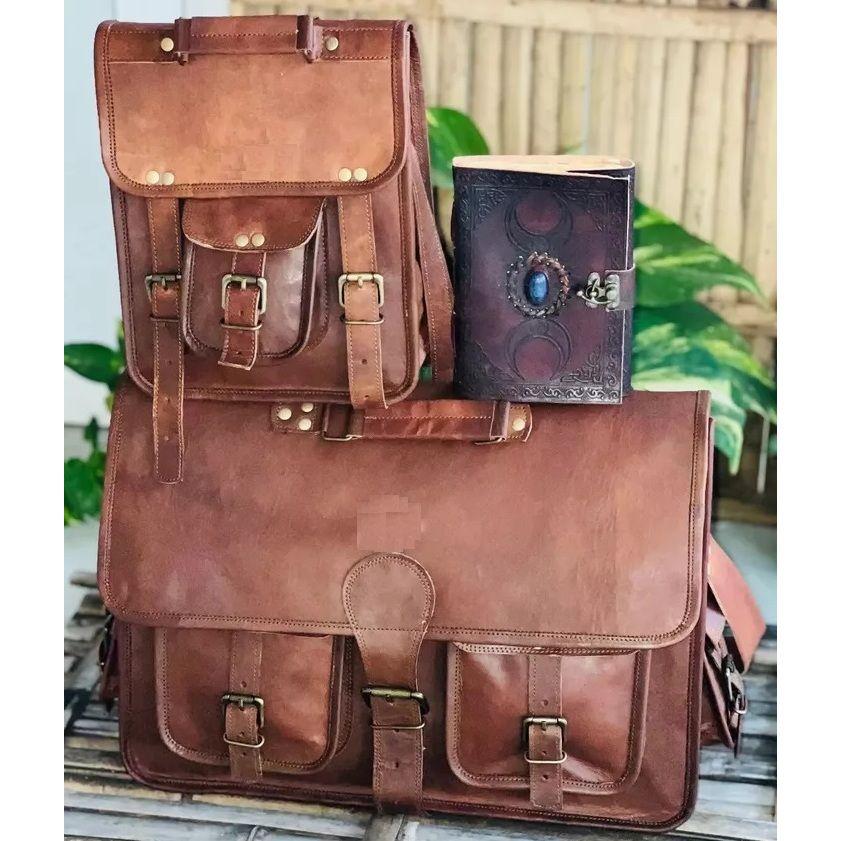 Handmade Men's Leather Laptop Messenger Briefcase Messenger Brown Bag ( Free Gift Pocket Handle Bag Size - 11 X 9 X 3 In / Diary Size - 7 X 5 In )