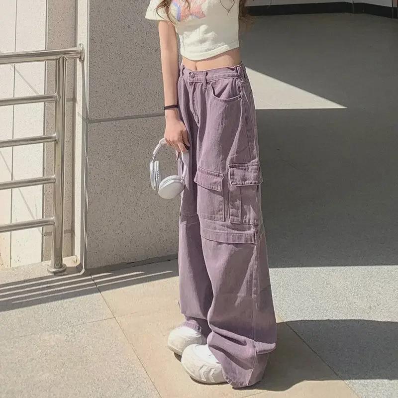 Women's High-Waist Wide-Leg Retro Purple Jeans - Trendy Loose-Fit Workwear
