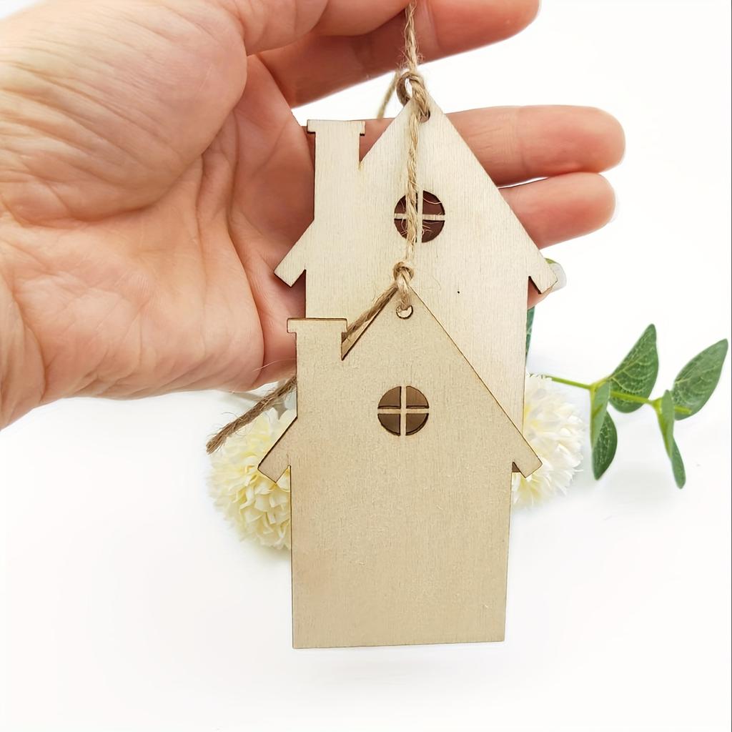 10Pcs Wooden House Cutout Ornaments Small Wood House Crafts Wooden House Shaped Hanging Ornaments for Wedding Birthday Christmas