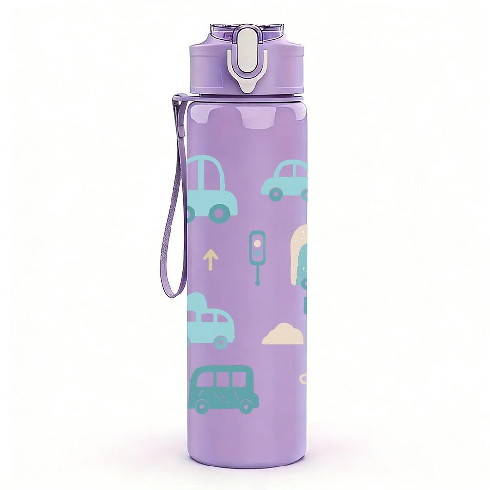 1PC Toy Car Pastel Seamless Pattern 750ml Color Plastic Sports Water Bottle Leakproof Flip Straw Lid Suitable for Sports Office Home Use
