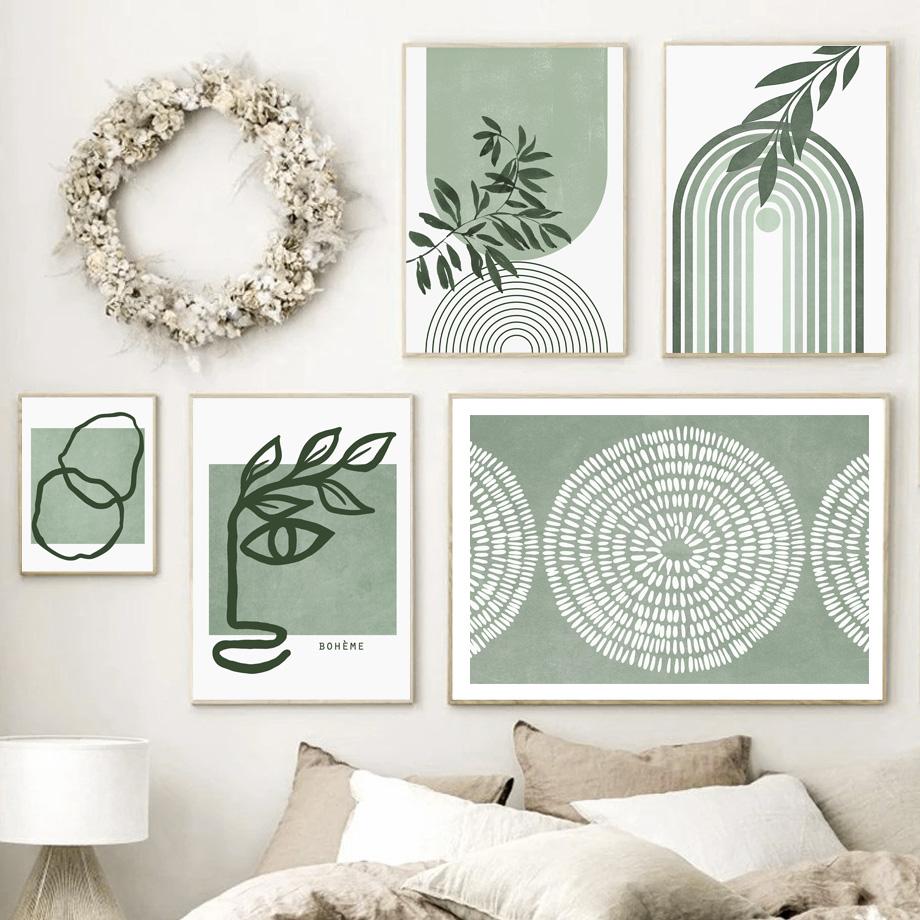 Зеленая абстрактная линия, арочные листья, картина для лица девушки, холст, постеры на скандинавскую тему и принты, настенные панно для декора гостиной