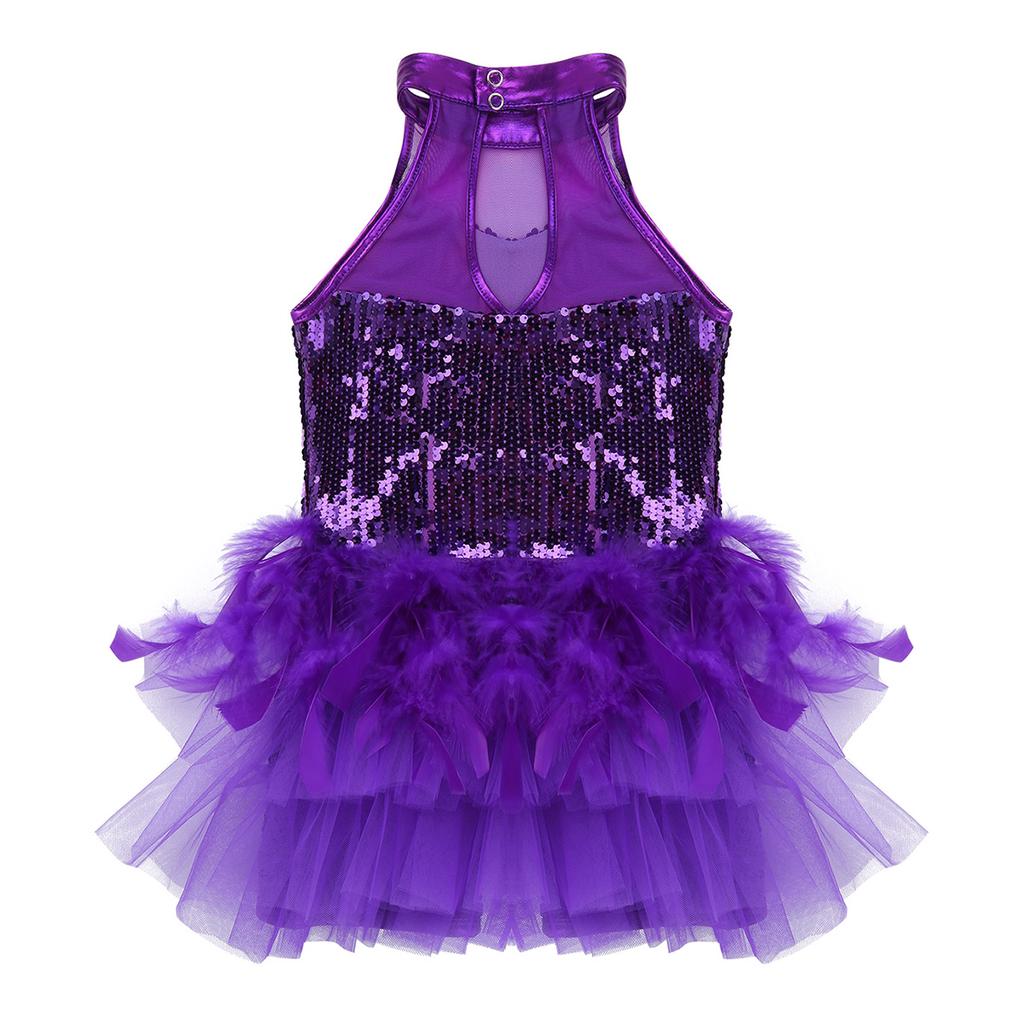 Girls Sequins Jazz Latin Ballet Dance Costume Kids Sleeveless Mock Neck Leotard Jumpsuit Dancewear