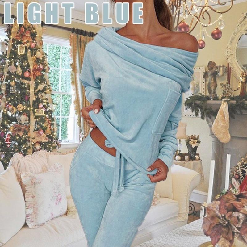 Women's 2023 New Autum Winter Fashion Casual 2-piece Coral Velvet Off-shoulder Top + Trousers Suit Running Suit Breathable Sportswear Yoga Suit