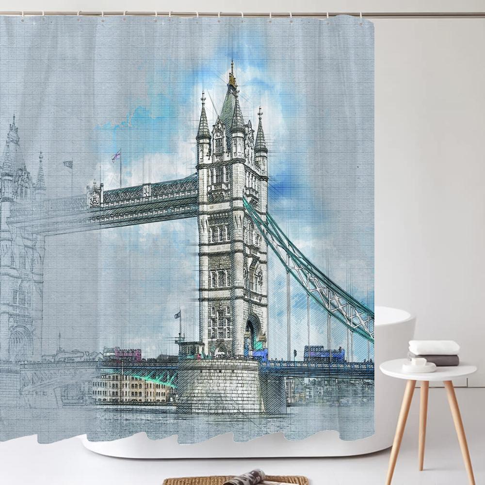 Famous Architectural Scenery Shower Curtain Printed European Landscape Polyster Home Decor Bathroom Curtain with Hooks