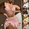 3Pcs/Set Women Swimsuit Solid Color Wave Texture Sexy Split Bikini with Drawstring Ruffle Trim Skirt Lace-up Beachwear