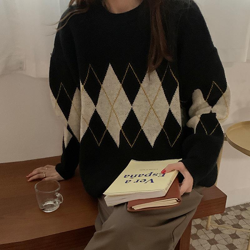 Трендовый женский свитер с ромбовидным узором 2023 - Осенне-зимний ленивый шик, возвышенный дизайн