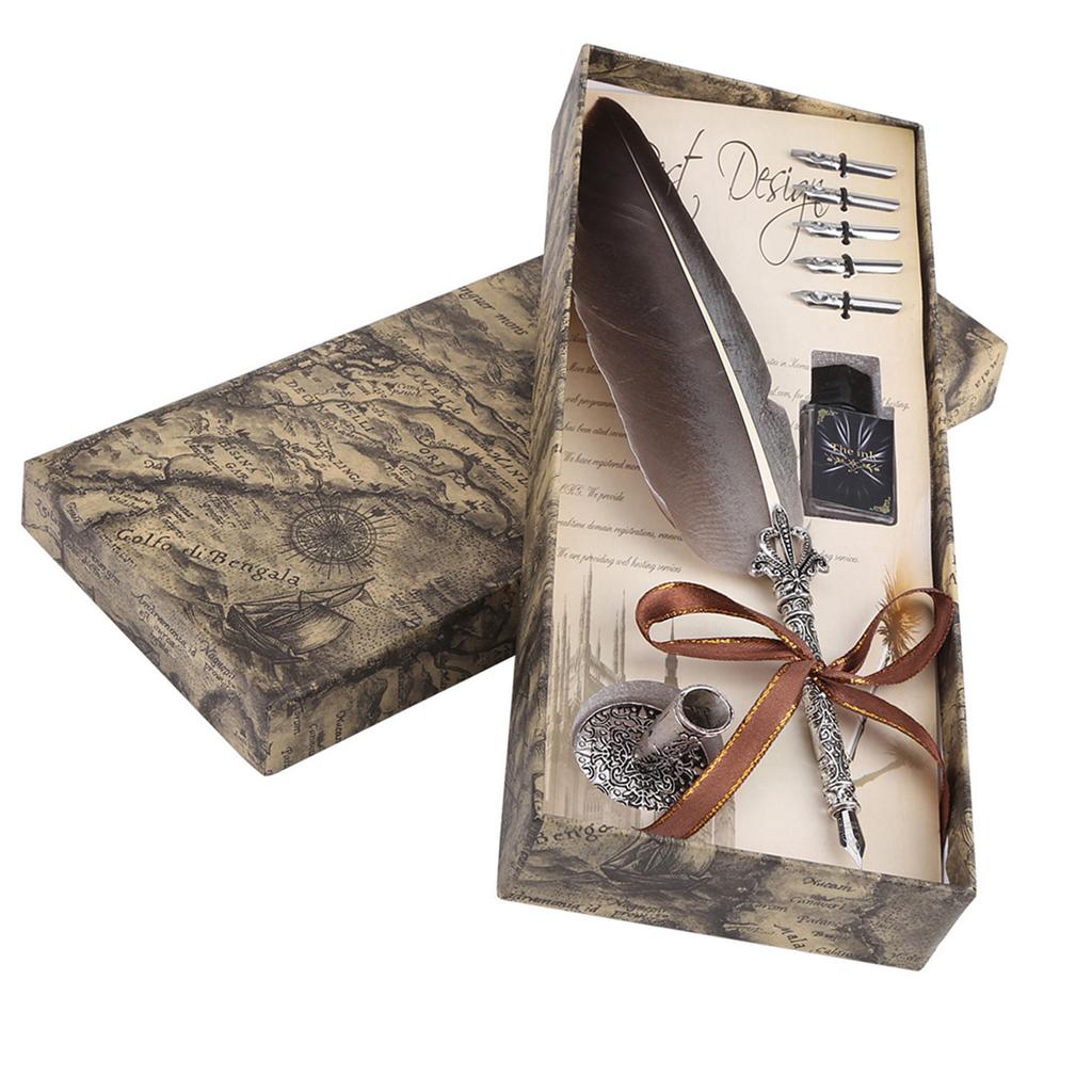 English Calligraphy Feather Dip Quill Pen Writing Ink Set Stationery Gift Box with 5 Nibs