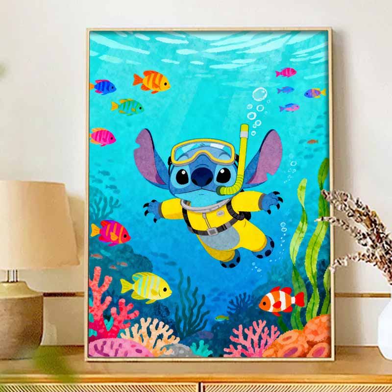Disney 5d diamond painting, Stitch underwater snorkeling diamond art painting diy handmade sticker gift, home decoration painting