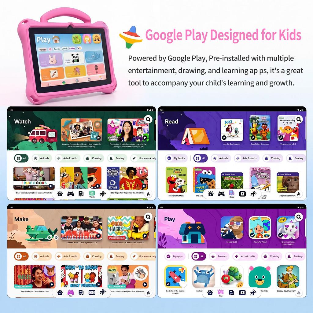 BDF Kids Tablet 7 Inch Android 13 4GB RAM 64GB ROM Pink Cartoon Pattern