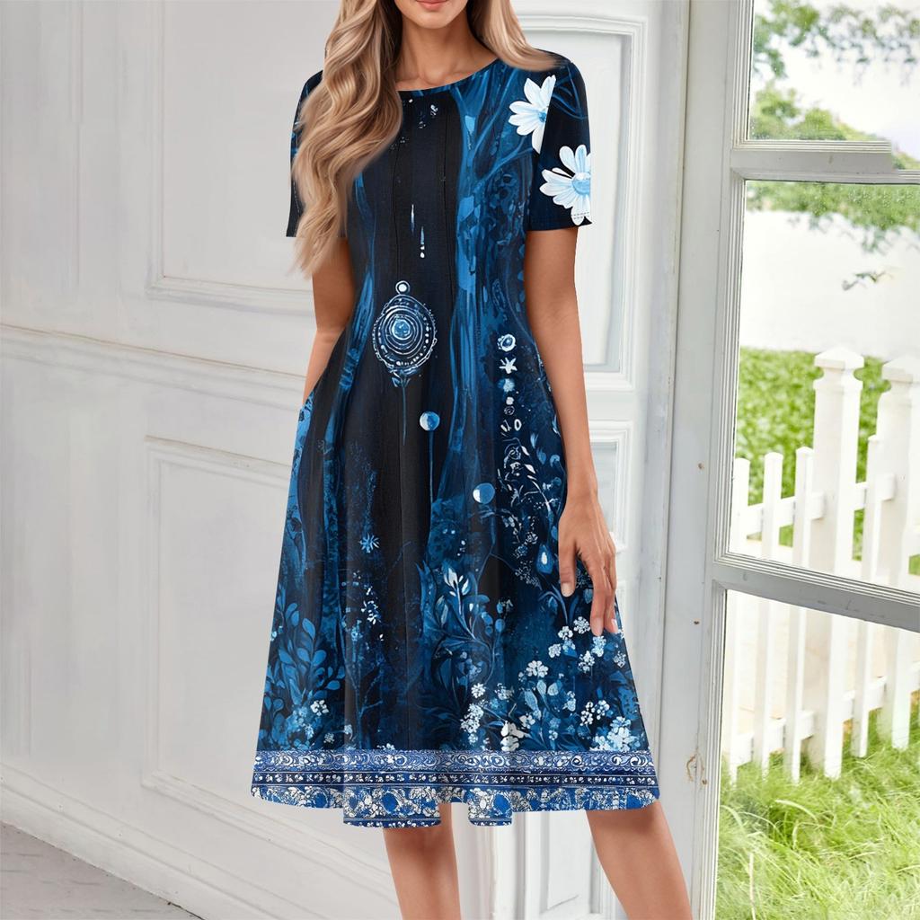 Women's Fashionable Print Round Neck Loose Short Sleeved Pocket Pullover Dress