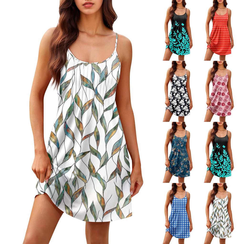 Fashion Women Summer Dress Vintage Floral Print Adjustable Spaghetti Straps Beach Vacation Casual Dress With Pockets