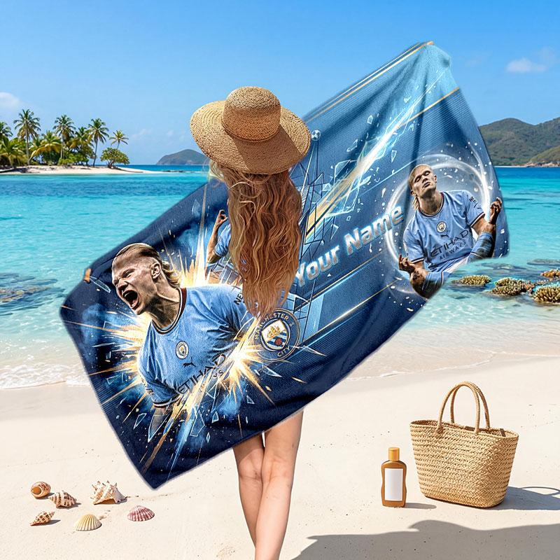 Erling Haaland Custom Beach Towel, Personalized Name Text Print, Football Logo Soft Quick‑Dry Towel Holiday Gift