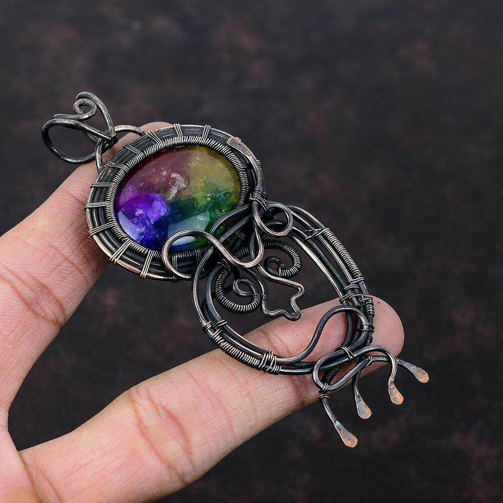 Rainbow Solar Quartz Druzy Pendant Copper Wire Wrapped Pendant Gemstone Pendant Wire Wrap Jewelry For Gift Handmade Pendant Copper Jewelry