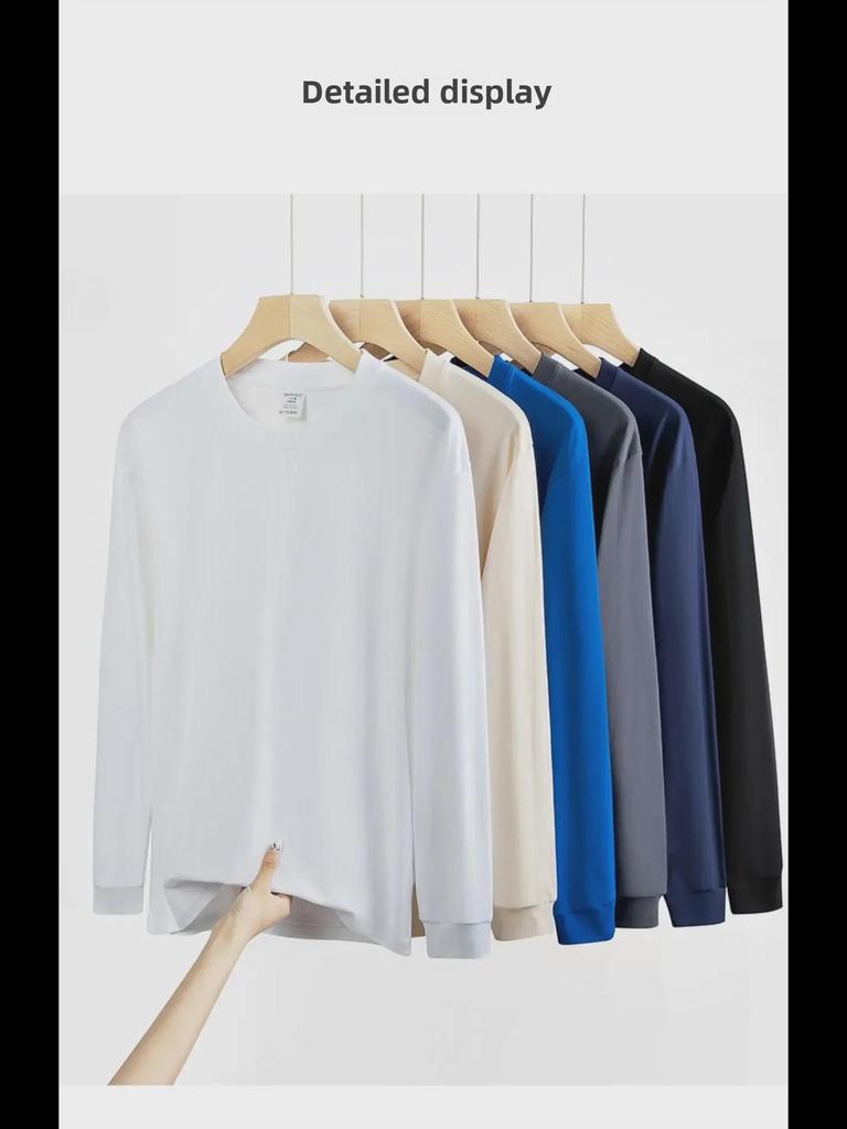 Футболка унисекс из плотного хлопка с длинным рукавом, однотонная: Непрозрачный, свободный крой, небольшой воротник, идеально подходит для весны и осени.