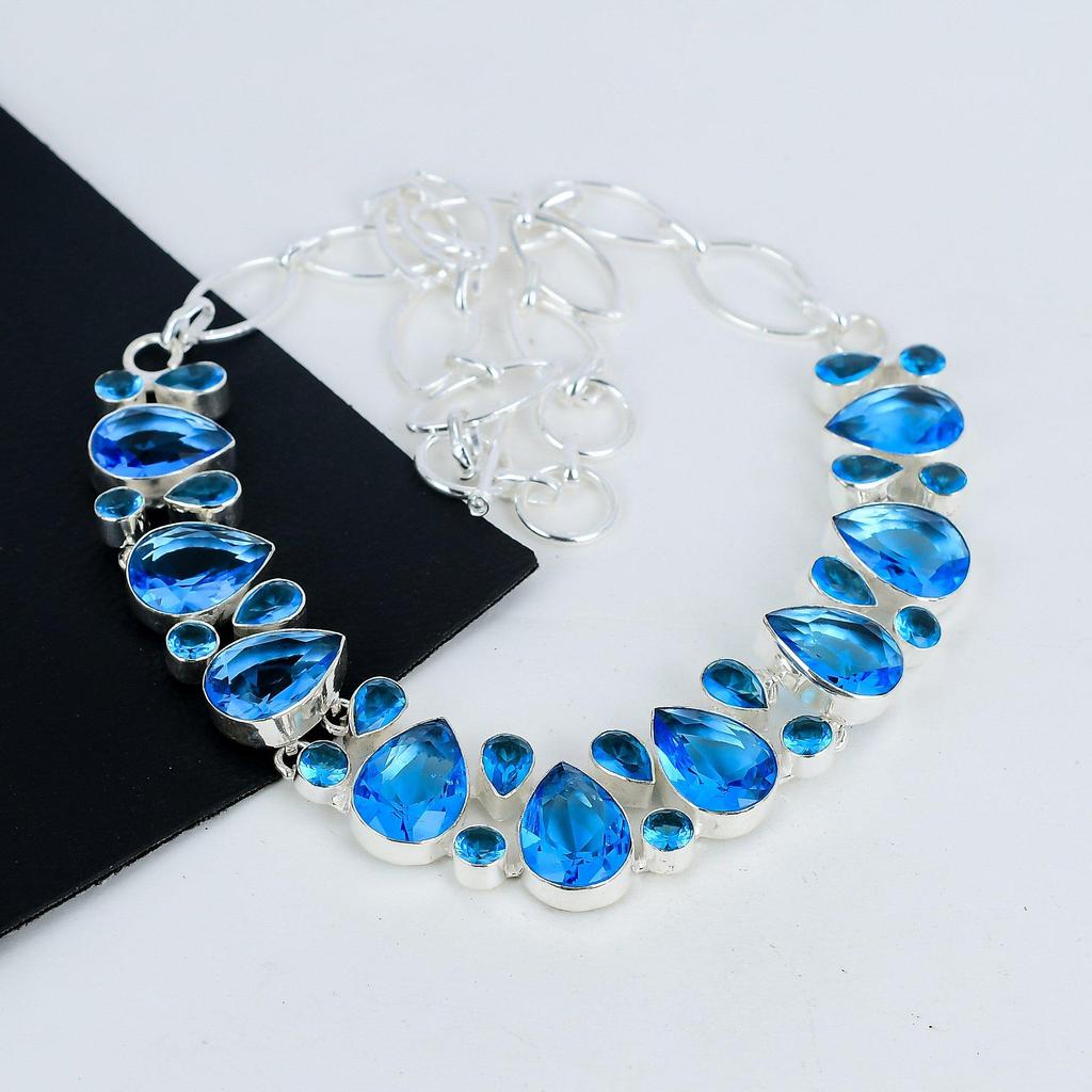 Красивое ожерелье из серебра 925 пробы с голубым топазом, ручная работа, серебряное ожерелье с голубым топазом для жены, ожерелье унисекс, подарок на Рождество