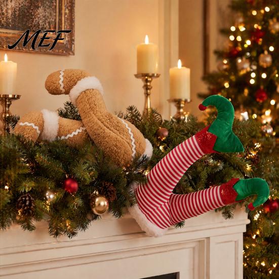 Holiday Gift Accessory Christmas Elf Legs Tree Ornaments, Plush Stuffed Stuck Ornament Topper Decorations for Xmas Tree, Indoor Outdoor Party