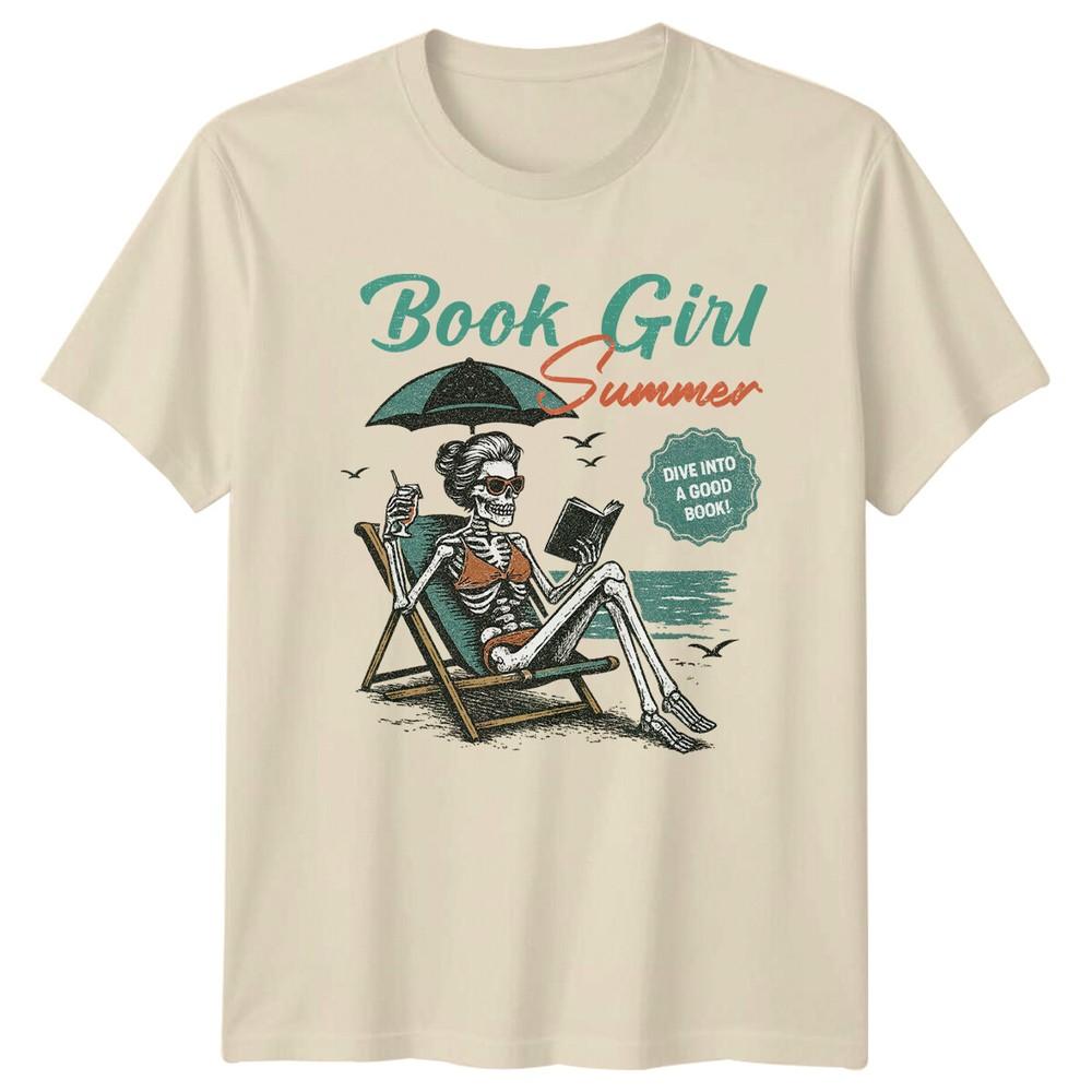 Book Girl Summer Skeleton Beach TShirt Retro Reader Tee