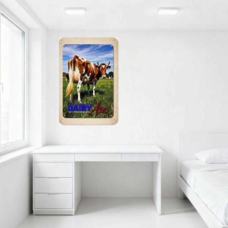 Wisconsin Dairy Cow Metal Sign Vintage Rustic Farmhouse Decor, Brown White Cow in Green Field with Blue Sky Wooden Barn, Tin Pos