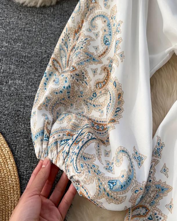 Весеннее французское ретро-платье с принтом, V-образным вырезом, рукавами-фонариками, затягивающейся на талии завязкой