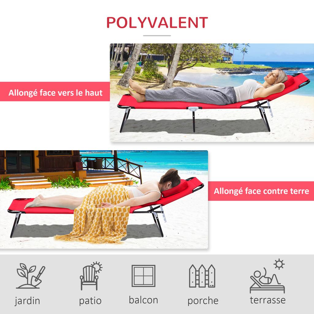 Foldable Outdoor Sun Lounger Adjustable Backrest Reclining Chair with Pillow and Reading Hole Garden Beach, Red