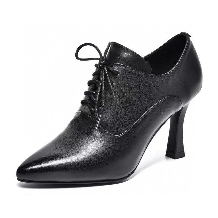 Pointed High Heels Women's Autumn Black First-layer Cowhide Lace-up Stiletto Fashion Shoes Two Kinds of High-depth Single Shoes