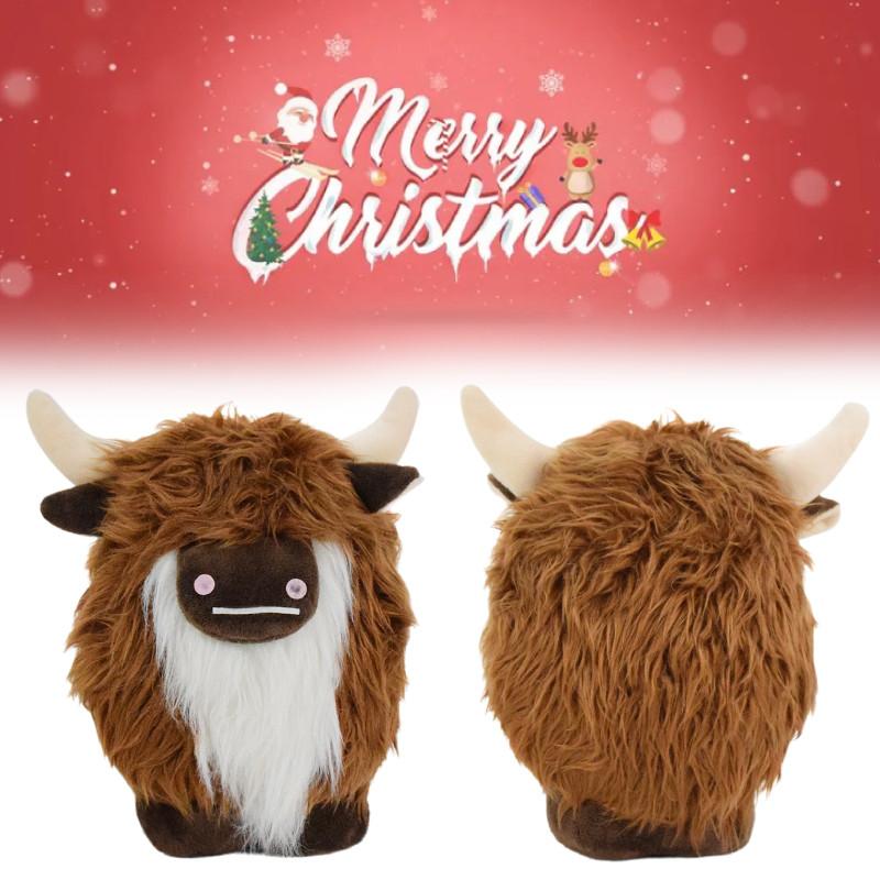 Adorable Plush Highland Cow Decorative Figure With Brown And White Facial Features