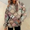 Женская повседневная мода винтажный принт длинный рукав пуловер с капюшоном топ