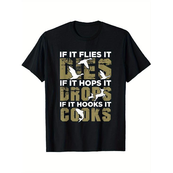 1pcMen'S Funny Hunting Shirt with "Fly It Lies, If It Hops It Drops, If It Cooks" Slogan & Deer Camo Print - Black Camouflage Short Sleeve T-Shirt,