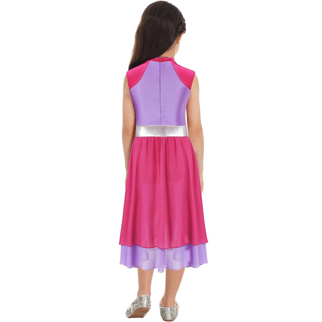 Girls Praise Dance Dress Color Block Mock Neck Sleeveless Tiered Wrap Hem Lyrical Performance Gown