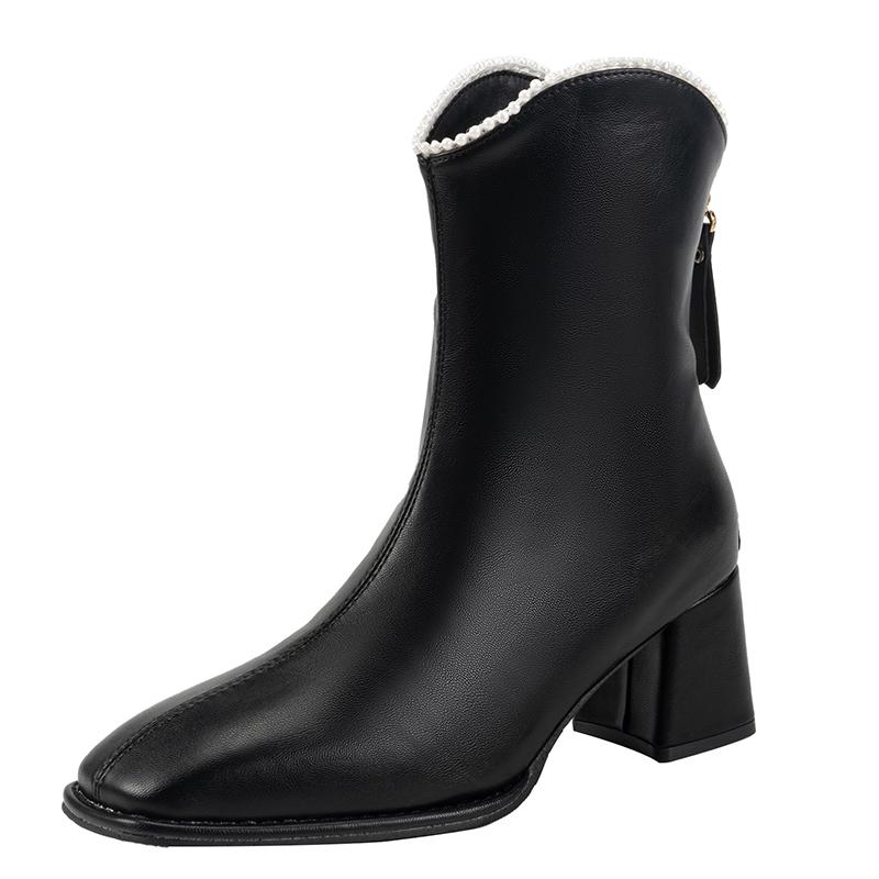 Модные ботильоны с квадратным носком и блочным каблуком, зимние новые, с бисером, на задней молнии, противоскользящие, износостойкие, на высоком каблуке