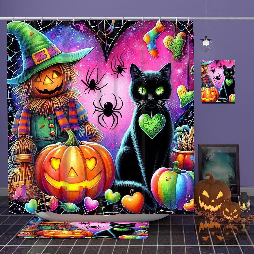 Halloween Cats Pattern Bathroom Shower Curtain With 12  Hooks Home Bathroom Decor And Accessories
