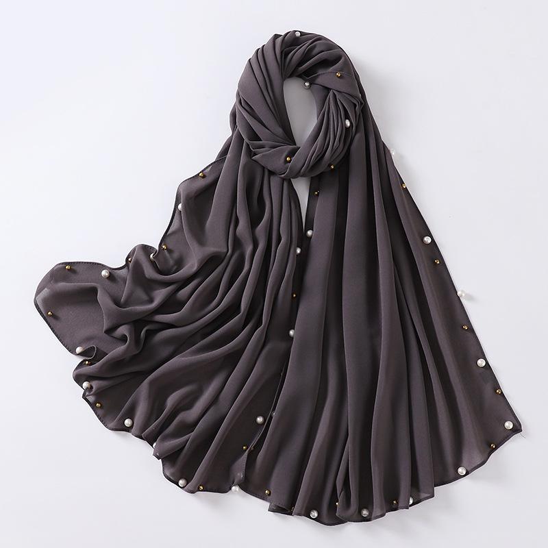 20252025 Solid Color Fashion Solid Color Chiffon Nails Pearl Scarf Women's Bag Headscarf Chiffon Cover Headscarf