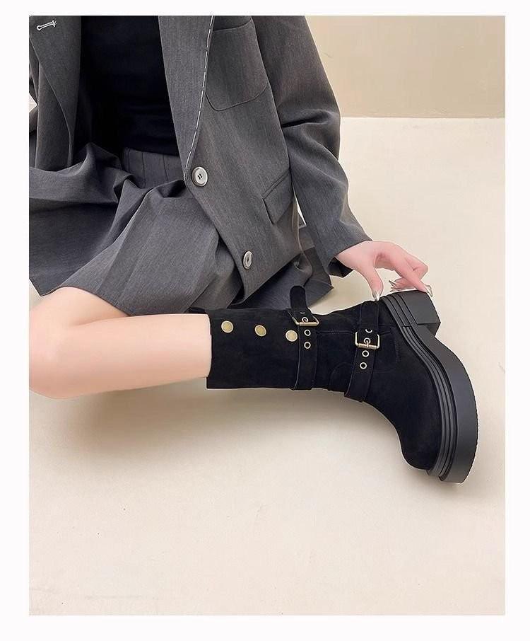 Two wear Ladd retro platform short boots, new fashionable medium tube solid color Martin boots, women's versatile and comfortable women's shoes