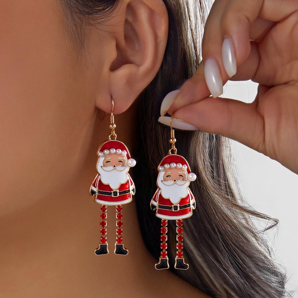 Cute Enamel Santa Claus Dangle Earring For Women Exquisite Imitation Pearl Red Zircon Long Leg Design Drop Earring Party Jewelry