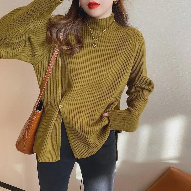Women's Half Turtleneck Sweater - 2025 Autumn/Winter Fashion, Loose Fit, Versatile, Slimming, Split-Knit Design