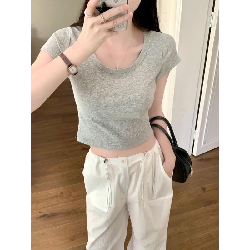 Футболка из чистого хлопка с U-образным вырезом спереди и короткими рукавами для женщин, летняя, новая, маленькая, короткая, облегающая, топ