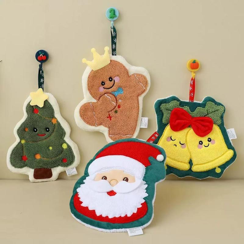Coral Fleece Christmas Santa Claus Hand Towels Water Absorption Quick-Drying Hand Towel Christmas Tree Bell Kitchen Bathroom