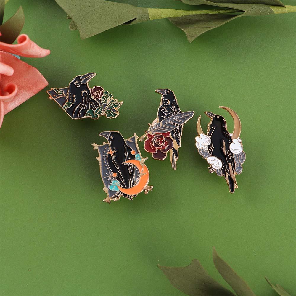 Bird Feather Lapel Pin Bag Brooches Gothic Enamel Pin Crow Raven Badges Metal Brooch Cartoon Badges