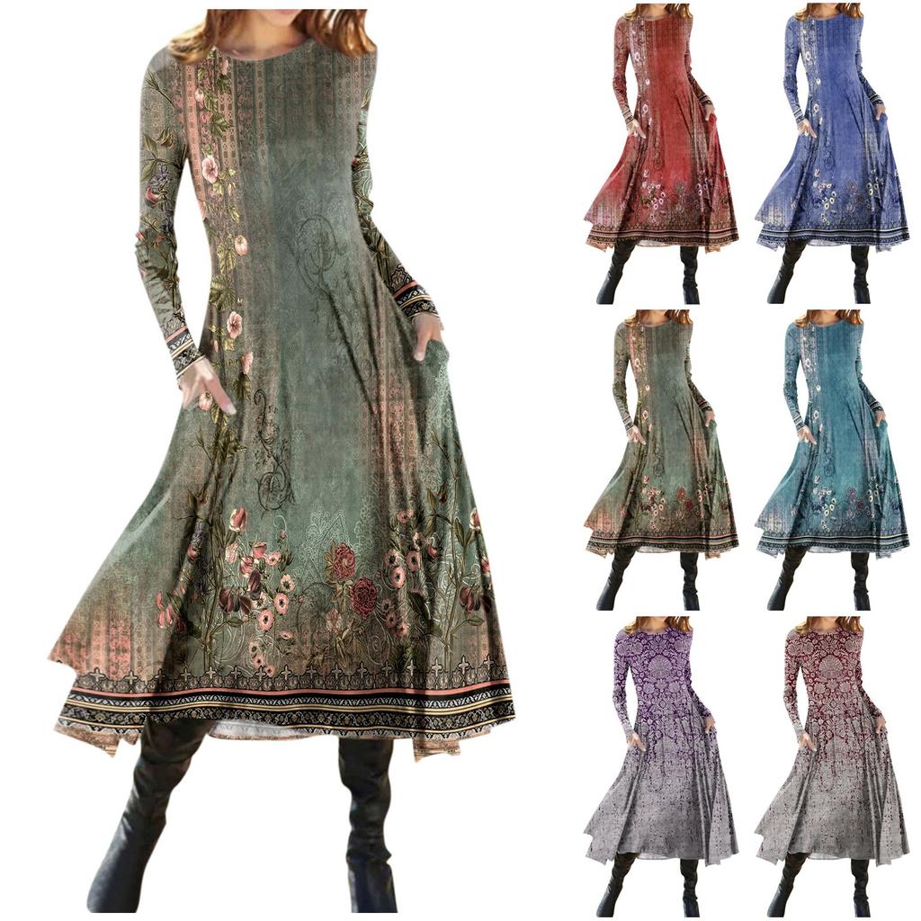 Women's Fashion Casual Printed Round Neck Pullover Slim Fitting Long Sleeve Dress