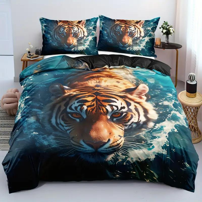 Tiger rose quilt set three-piece 3D digital printing animal kit bedding