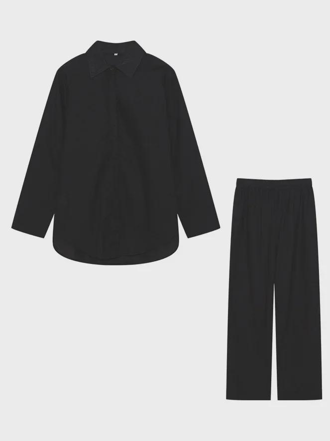 2023 Women's Casual Two-Piece Suit: Lapel Long-Sleeve Shirt & Wide-Leg Pants for Spring & Autumn