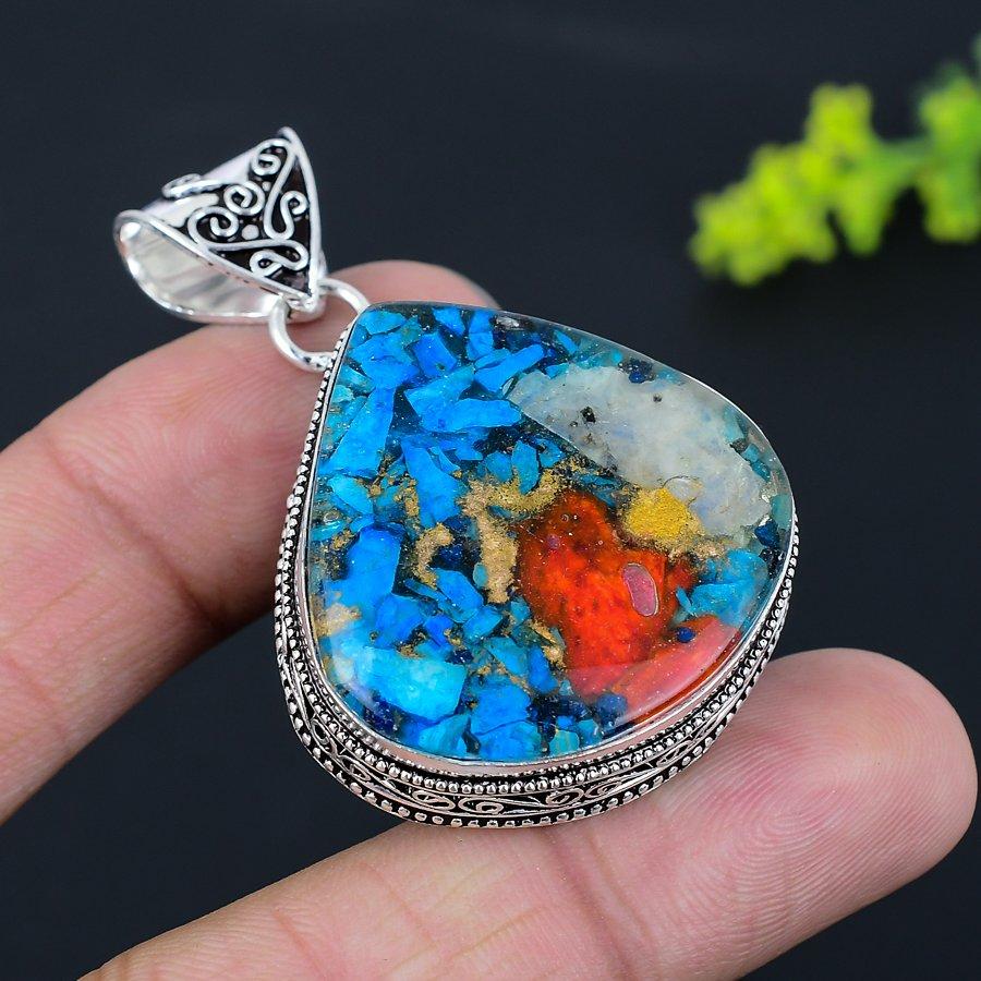 Spiny Oyster Gemstone Handmade 925 Sterling Silver Jewelry Pendant 2.05" I5z08