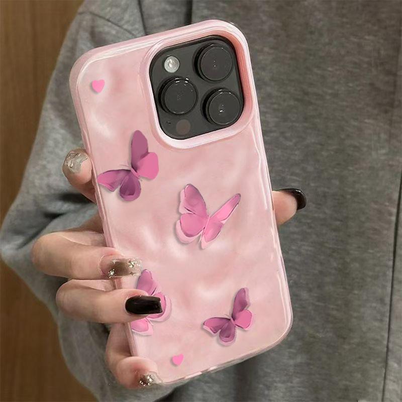 Advanced Pink Butterfly Phone Case for iPhone 17 16 15 14 13 11 12 Pro Max Plus 17 Air Folds Texture Shockproof Soft Cover